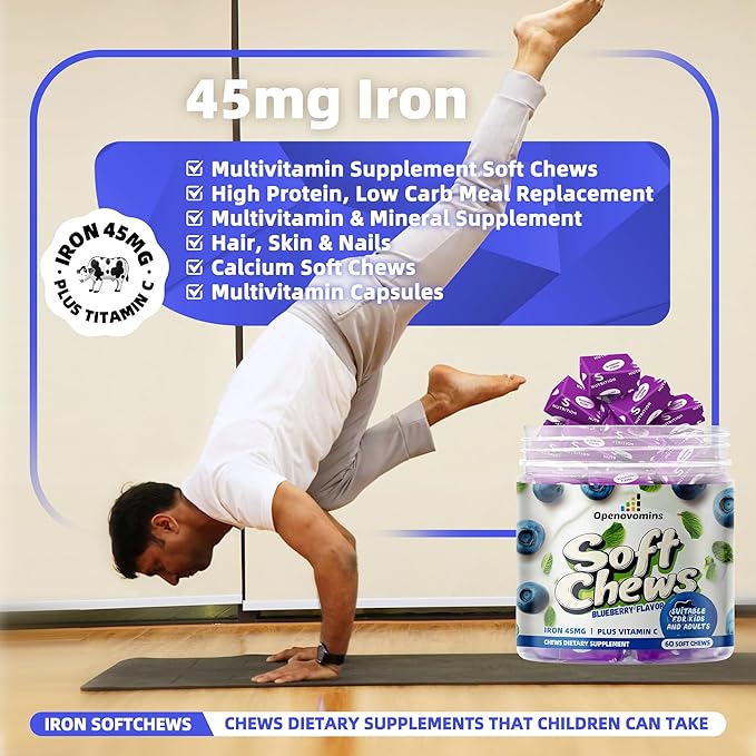 Iron Supplement Chews with Vitamin C for Women Men and Kids, Natural Vegan Iron Soft Chew with Vitamin B6,B12,D, Calcium & Zinc - Energy Support, 60 Blueberry SoftChews,2 Month Supply