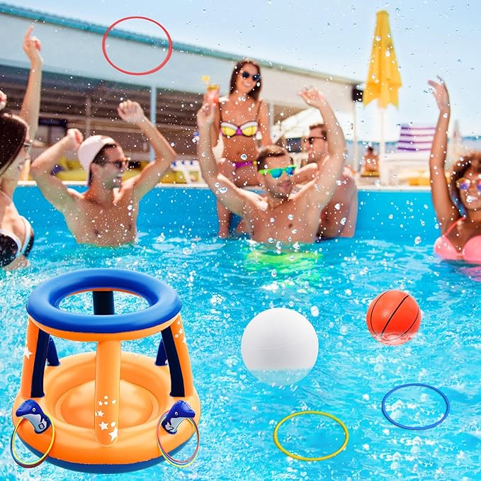 Jasonwell Pool Toys Games Set - 3 in 1 Pool Volleyball Net Basketball Hoop Ring Toss Game Inflatable Floats Water Floating Volleyball Swimming Pools Party Game Accessories Toy Gift Kids Teens Adults