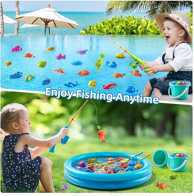 Magnet Fishing Toys Game for Kids 3-5 - Floating Fish Toys with Inflatable Kiddie Pool, Bath Toys for Toddlers, Pole Rod Net, Outdoor Party Toys for Boys Girls Kids Age 3 4 5 6 7 8 Year Old