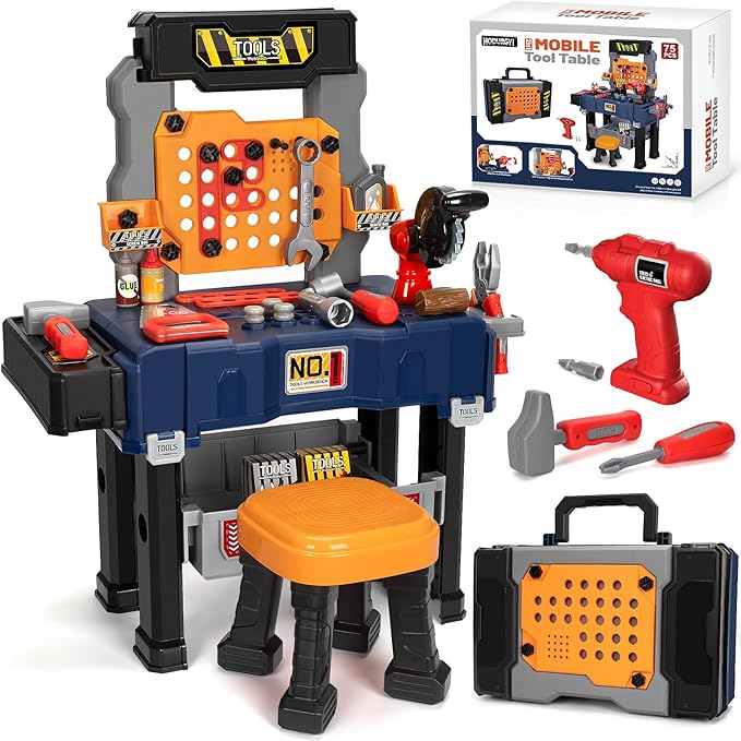Kids Tool Bench with Electric Drill and Chair, Christmas Birthday Gift for Boys Girls Age 3,4,5+ Fun Play Kids Workbench, Transformable Toddler Tool Box Set, Construction Tool Toys for Toddler 3-5