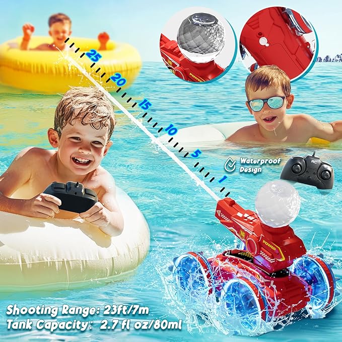 4-in-1 Remote Control Boat with Water Gun, Amphibious RC Cars for Kids, Water & Land RC Tank, Pool Toys for Boys and Girls, Summer Outdoor Play Toy for 3-12 Years Old Kids