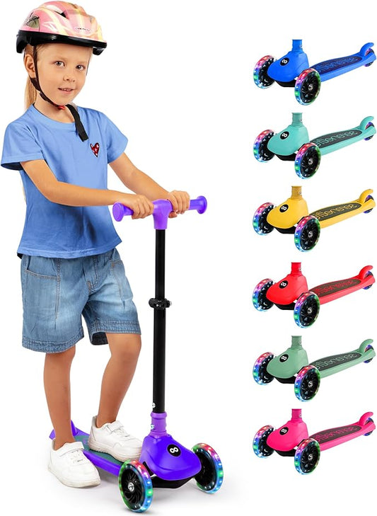 SereneLife 3 Wheel Foldable Kids Scooter - Foldable Seat, LED Wheel Lights, Adjustable Handlebar, Rear Foot Brake, Lean-to-Steer, Anti-Slip Deck, Ideal for Toddlers Kids 3+, up to 110Lbs