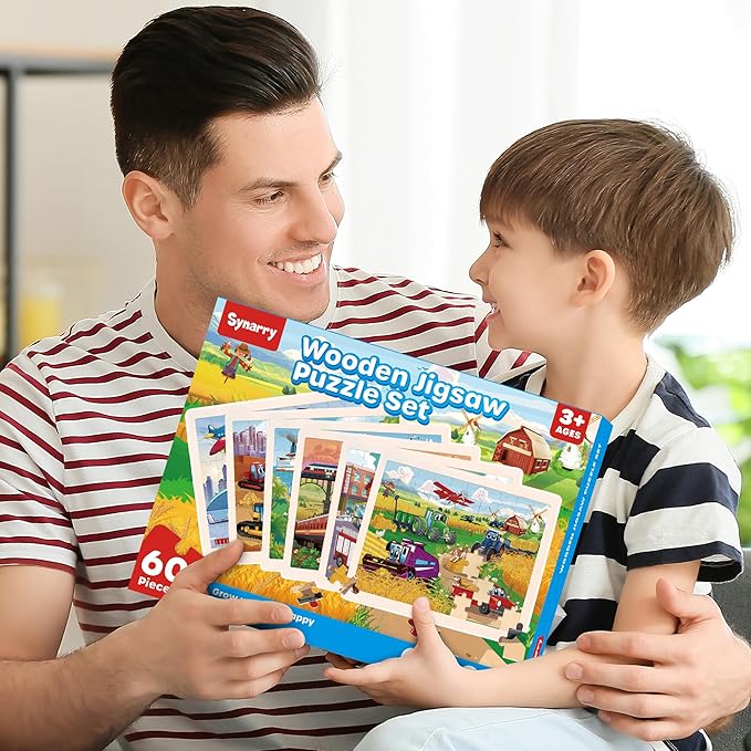 SYNARRY Wooden Vehicle Puzzles for Kids Ages 4-6, 6 Packs 60 PCs Jigsaw Puzzles Preschool Educational Toys Gifts for Children Ages 4-8, Kids Toys Gifts for 4+ Year Olds Boys Girls