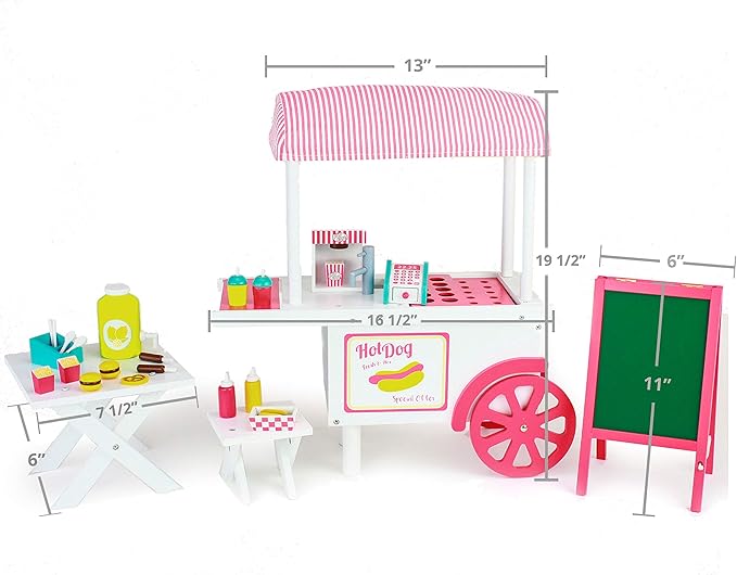 Playtime by Eimmie 18 Inch Doll Furniture Hot Dog Food Cart Set - Wooden Playset with Accessories, Fits American, Generation, My Life & Similar 14”-18” Dolls