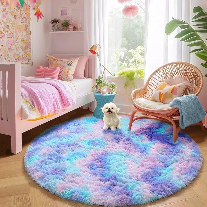 Amdrebio Purple Rainbow Round Rug 5Ft for Bedroom Girls Room Decor, Mermaid Stitch Frozen Kids Rugs for Playroom Nursery Dorm, Fluffy Fuzzy Cute Shag Carpet, Kawaii Circle Area Rugs for Baby Toddler