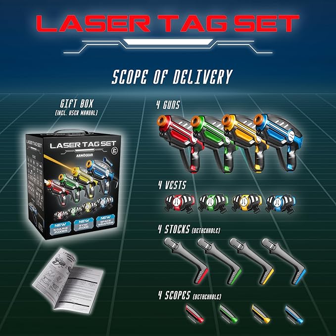 Laser Tag Set for Kids, Teens & Adults - 4 Blasters + 4 Vest Sensors with 4 Multi-Game Modes - Fun Ideas Age 8+ Year Old Toys - Includes Accessories - Boys & Girls Outdoor Teenage Group Activities