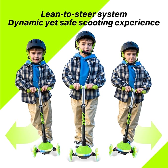 ZIFFY Kids Scooter for Boys & Girls LED Light-Up Wheels, 4 Adjustable Height Handlebars, and Lean-to-Steer Design with Anti-Slip Wide Deck for Stability - Up to 110LBS