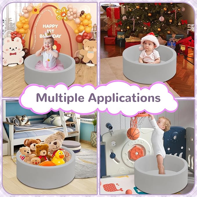 Baby Ball Pit 27.6" Soft Round Memory Foam Ball Pits NOT Included Balls Indoor Outdoor Playpen for Babies Toddlers Kids Great Gift for Girls Boys, Gray