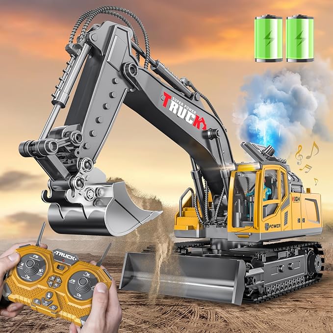 17CH Remote Control Excavator Construction Toy for Boys - 2400mAh RC Excavator Toy with Metal Shovel/Spray/Lights/Sounds, RC Digger Construction Vehicles Toys Excavator Toys Gift for Boys 8-12 Yr Old