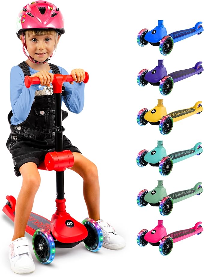 SereneLife 3 Wheel Foldable Kids Scooter - Foldable Seat, LED Wheel Lights, Adjustable Handlebar, Rear Foot Brake, Lean-to-Steer, Anti-Slip Deck, Ideal for Toddlers Kids 3+, up to 110Lbs