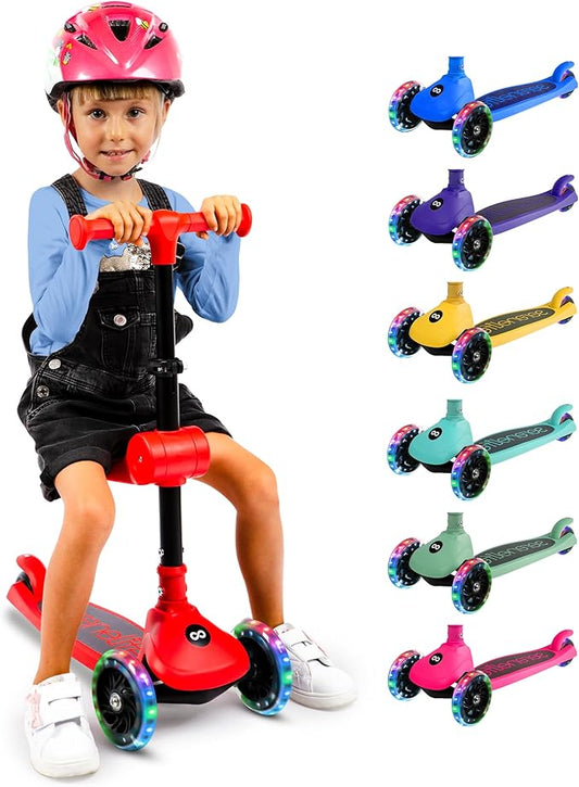 SereneLife 3 Wheel Foldable Kids Scooter - Foldable Seat, LED Wheel Lights, Adjustable Handlebar, Rear Foot Brake, Lean-to-Steer, Anti-Slip Deck, Ideal for Toddlers Kids 3+, up to 110Lbs
