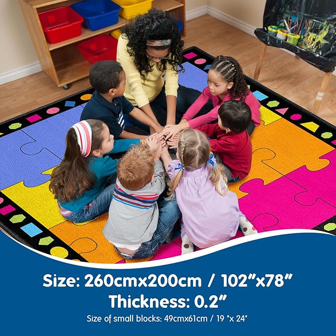 Booooom Jackson Classroom Rug Boom Puzzle Colorful Classroom Carpet 6'5"x8'5" 16 Seats for Playroom Homeschool Special Class Preschool Playroom Game Room Library Reading Circle Time Rubber