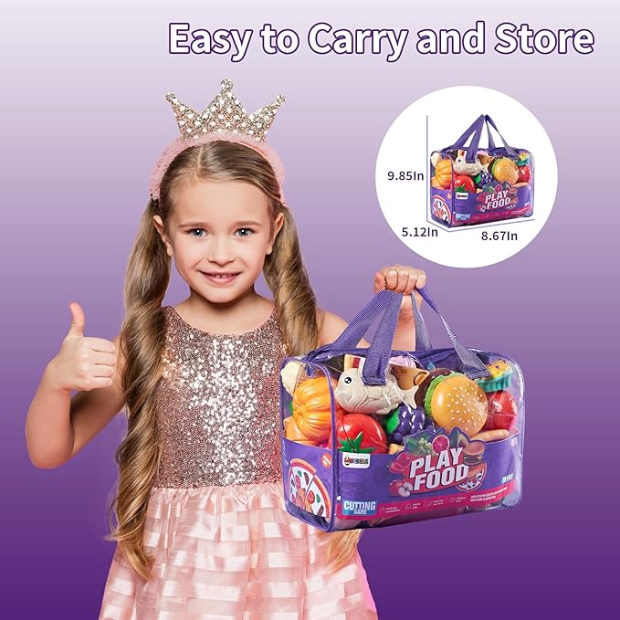 Pretend Play Food for Kids Kitchen - 78Pc Cutting Toy Food with Storage Bag, Food Toys with Veggies, Fruits, Fake Food with Pizza Toy, Pretend Food, Play Kitchen Accessories, Boys Girls Gift