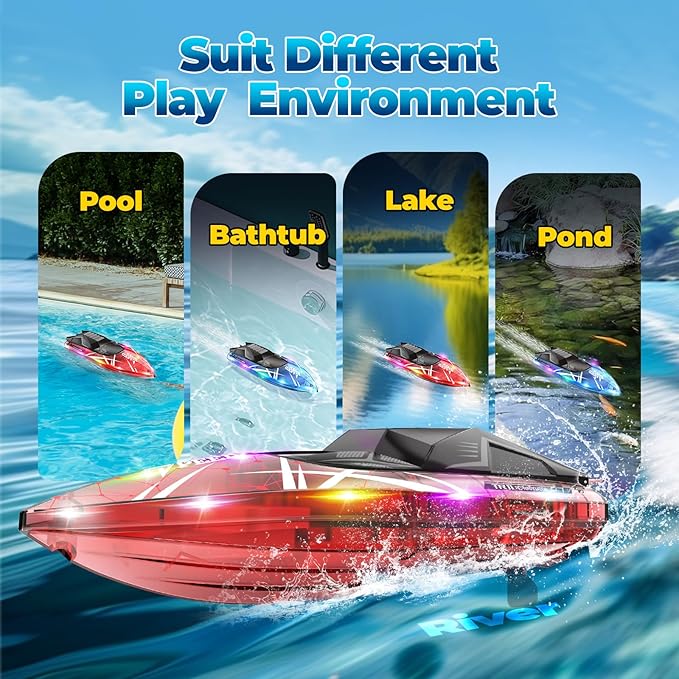 Remote Control Boat for Kids, 2Pack RC Boats with LED Lights for Pools Lakes River & Bathtub, 2.4Ghz Control, Whole Body Waterproof, 2 Rechargeable Batteries Summer Water Toys