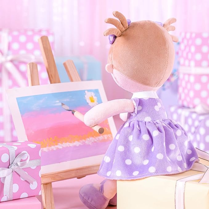 Onetoo Plush Rag Doll First Baby Doll Soft Baby Doll Sleeping Cuddle Buddy Doll for Girls Wear Purple Polka Dot Dress 14"(Milly Series)