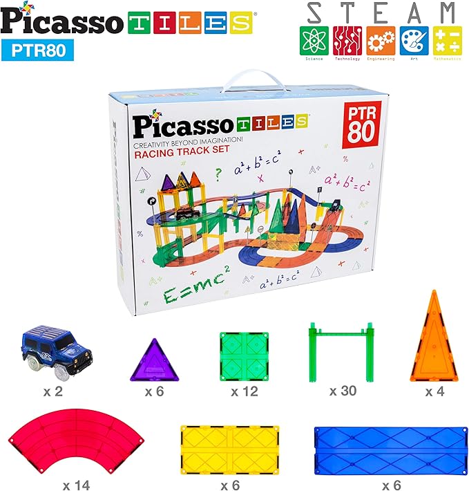 PicassoTiles 80 Piece Race Car Track + Ideabook with Over 150+ Ideas, Magnet DIY Playset 2 Light Up Car STEM Learning Kit Hand-Eye Coordination Fine Motor Skill Training, Unique Innovative Creations