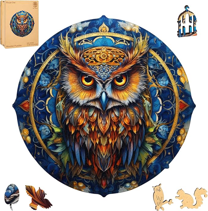 Royal Owl Wooden Jigsaw Puzzle for Adult and Kids 300 Pcs Unique Shape Multicolor Wood Storage Box Fun Challenge Brain Teaser Family Game Creative Gift for Friends Rompecabezas Madera