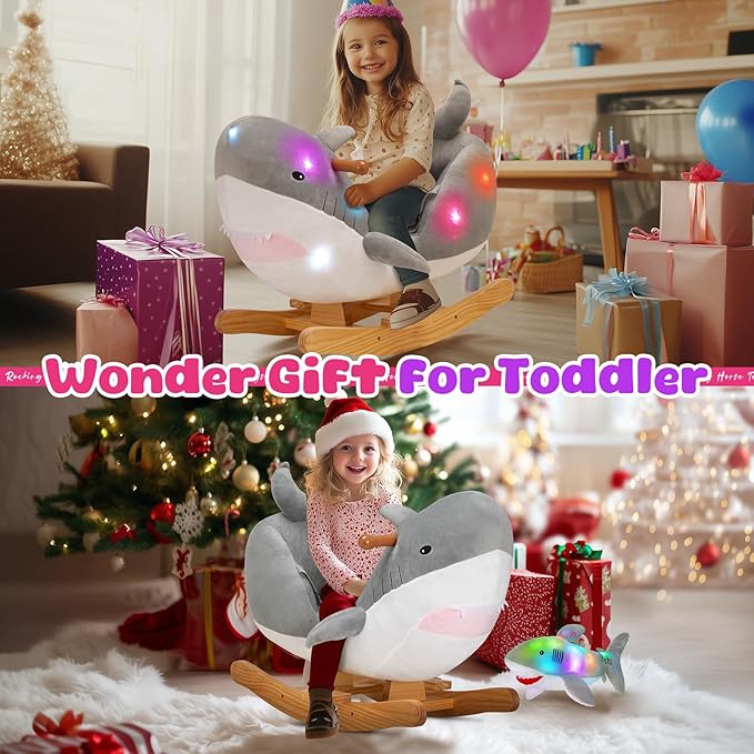 Glow Guards Grey Shark Rocking Horse with Chair Muical Light up Shark Stuffed Animal for Ages 1-3 Toddlers Kids Babies Ride Toy Birthday Christmas