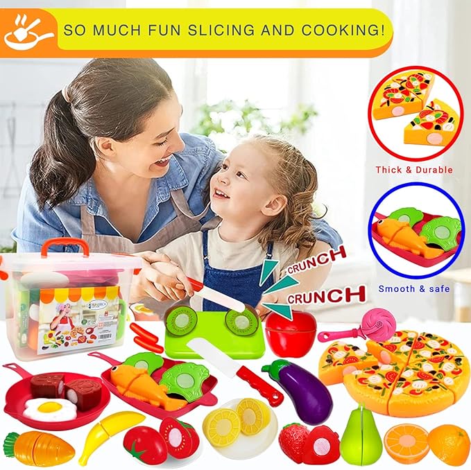 FUNERICA Play Kitchen Cutting Food Toys for Kids - Pretend Cutting Fruits, Vegetables, Cuttable Pizza Pie, Poultry and Fish, Toddler Play Kitchen Accessories with Pots and Utensils