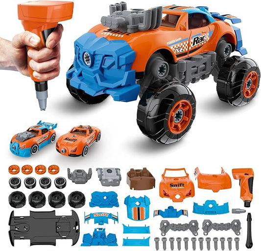 Pup Go 3-in-1 Take Apart Car for Boys with Electric Drill, 43Pcs Construction Toy Truck, Build Your Own Car with Play Tools, Ideal STEM Gift for Kids Children Ages 3 4 5 6 7 Year Orange