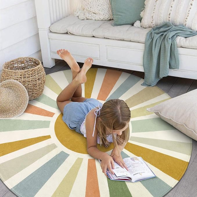 STARUIA Boho Sun Round Area Rug for Living Room, 6 Ft Washable Nursery Rug for Playroom, Colorful Circle Rugs for Kids Bedroom, Non-Slip Circluar Carpet Soft Large Kid Rug for Classroom Dorm