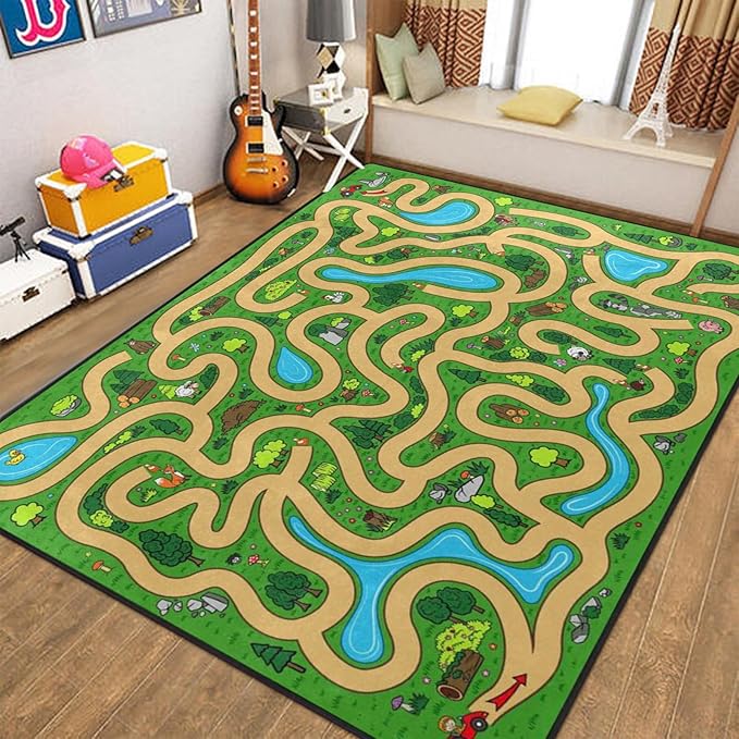 Kids Rug, Cartoon Maze Playmat Rugs - 5x7 Ft Kids Carpet with Rubber Backing, Forest Trees Animal Plant Theme Play Mat Nursery Rugs for Children Bedroom Playroom
