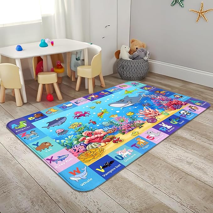 Alphabet Play Rugs for Kids Playroom, Under Ocean Sea Boys ABC Rug for Living Room 3x5 Educational Game Mat Kids Bedroom Carpet for Indoor Beach Animals Classroom Play Mat Blue Decor