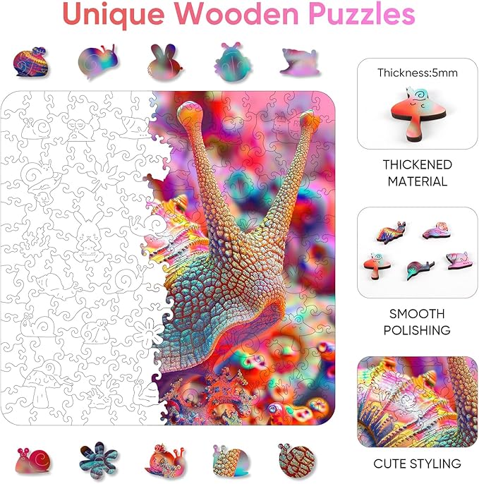 Wooden Jigsaw Puzzle for Adults and Kids Unique Shape Wood Colorful Beautiful Box Fun Challenge Brain Health Family Game Creative Gift for Friends Rompecabezas Madera(Pink Snail 200pcs)