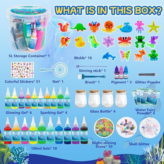 116PCS Magic Glow-in-The-Dark Gel Water Fairy Toy, Aqua DIY Elf Set with 18 Shape Molds, 100ml Gels, Water Squishy Kit, Make 150+ Water Animals,Christmas Birthday Gift, Arts Crafts STEM Kit for Kid