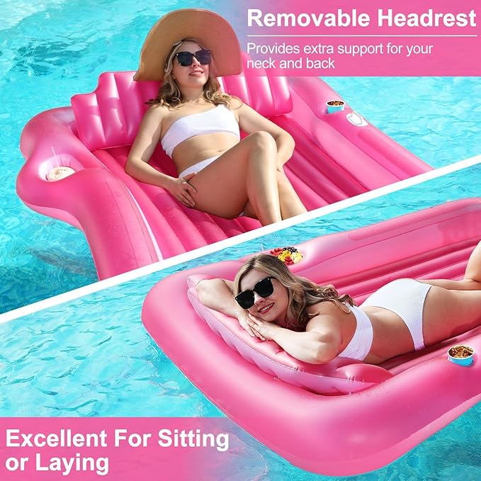 Inflatable Tanning Pool Lounger Float with Sprinkler, 71" x 47" Large Pool Floats Adult with Pillow Cooler Tray, 6 in 1 Suntan Tub Raft Floatie Sunbathing Bed Water Summer Backyard Fun L-Pink
