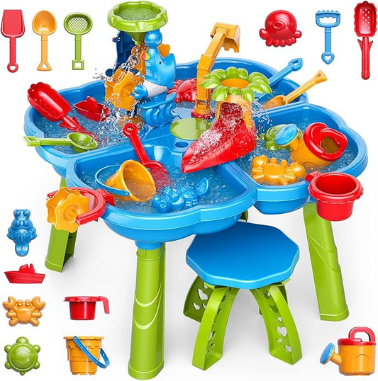3-Tier Water Table for Kids Ages 3-5 4-8, Toddlers Outdoor Summer Water Table Beach Toys, Kids Activity Sensory Table Toddler Sand Box Play Table with Rain Showers Splash Pond for Boys Girls