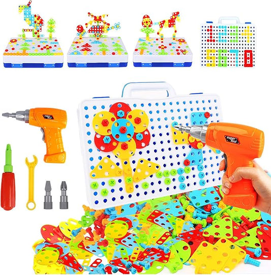 STEM Design and Drill Toy for Kids Ages 3-8, 237 Pcs Electric Drill Toy,Creative Building Toys,Magic Montessori Play Toolbox for Toddler Boys Girls Preschool,STEM Toys for 3 4 5 6 7 8 Year old