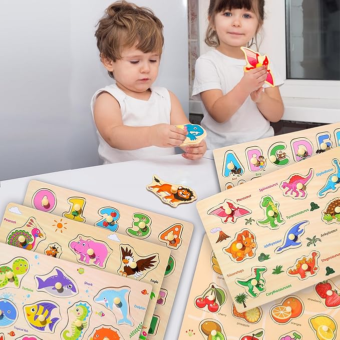 6PCS Toddler Wooden Peg Puzzle Toys for Age 2-4 3-5 Year Old Boys Girls,Educational Learning Sensory Toy,Puzzles for Toddlers Kids,Dinosaur&Ocean&Alphabet&Number Shape&Animal&Fruit Puzzles