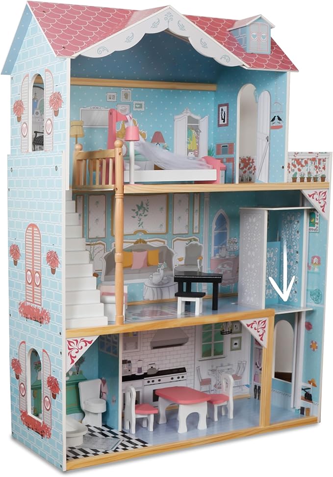 Lil' Jumbl Kid's Wooden Pink Dollhouse with Elevator, Balcony & Stairs, Accessories & Furniture Included, 3 Story Easy to Assemble Dollhouse Toy - X-Large