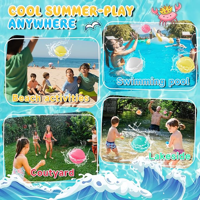 Reusable Water Balloons for Kids, 12Pcs Silicone Self-Sealing Refillable Water Balls Balloons, Summer Water Play Toys Splash Balls for Outdoor Games Backyard Lawn Beach Fun Games for Boys Girls