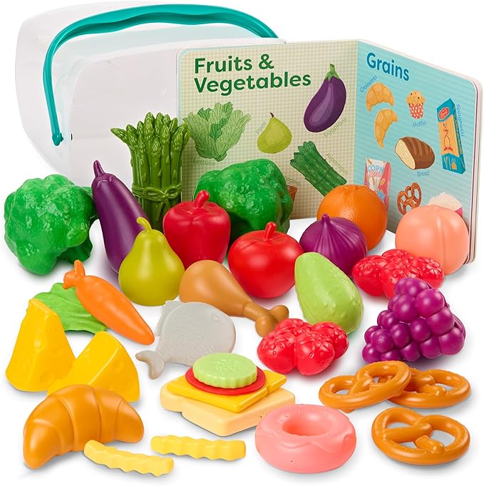 B. toys- Foodie Fun- Pretend Play Food & Board Book Set – 32 Pieces of Play Food – Educational Book for Toddlers – Storage Bucket with Lid – 2 Years +
