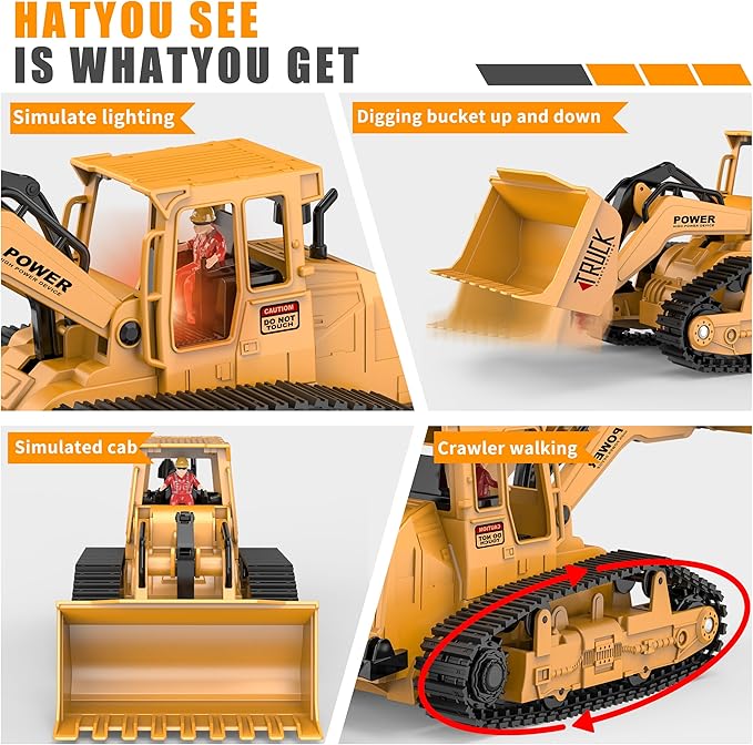 AISYAH Construction Bulldozer and RC Excavator Toy Set - RC Construction Vehicles Toy with Rechargeable Batteries, Lights and Sounds, Present for Toddlers 6-12 Year Kids