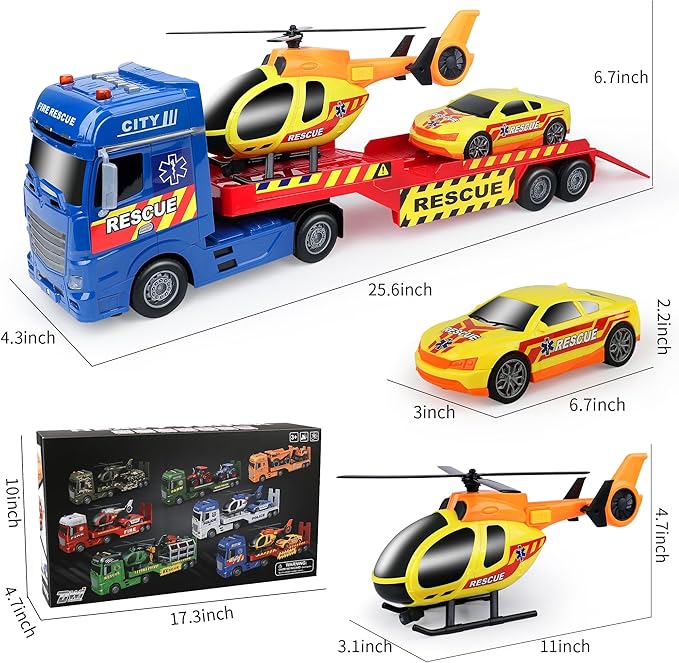 Dwi Dowellin Semi Truck Toy with Lights & Sounds, Racing Car & Helicopter - Birthday Gift for 2-5 Years Old Boys & Girls