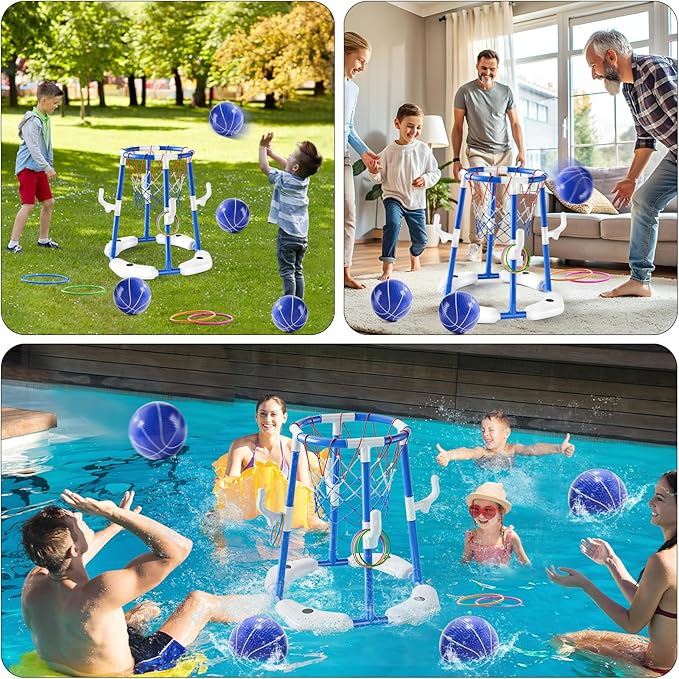 Pool Basketball Hoop Toys,2-in-1 Floating Basketball Pool Games with 4 Balls/12 Rings/Pump,Swimmming Pool Games for Kids Ages 4-8 8-12 Adult, Outdoor Water Play Toys for Summer Family Party(Blue)