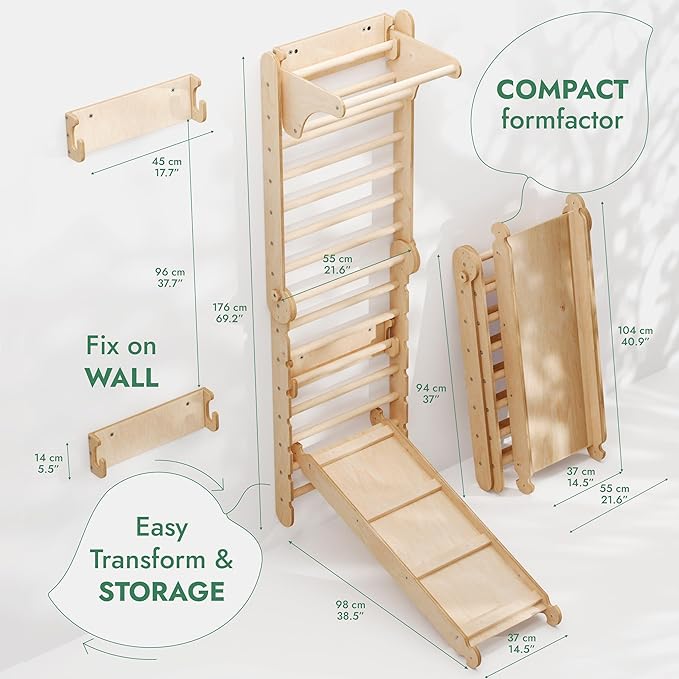 6-in-1 Indoor Playground for Kids – Wooden Swedish Wall, Climbing Ladder, Slide, Swing, Gymnastics Rings, Rock Climbing Wall – Jungle Gym Play Set for Ages 2-12