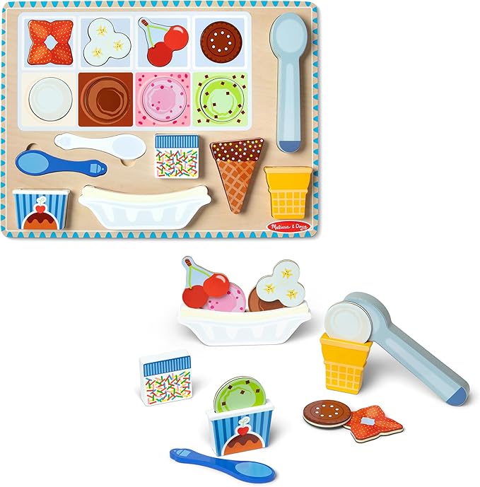 Melissa & Doug Ice Cream Wooden Magnetic Puzzle Play Set, 16 Magnet Pieces with Scooper, Wooden Play Food Toy for Boys and for Girls Ages 2+