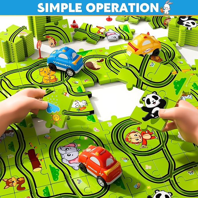 64 PCS Puzzle Race Track Car Set Toys for Kids Boys, Puzzle Tracks Car Toys for Boys Ages 3-5 4-6, Toddler Toys Gifts for 3 4 5 Year Old Boys, Ideal 3 4 5 6 Year Old Boys Birthday Gifts