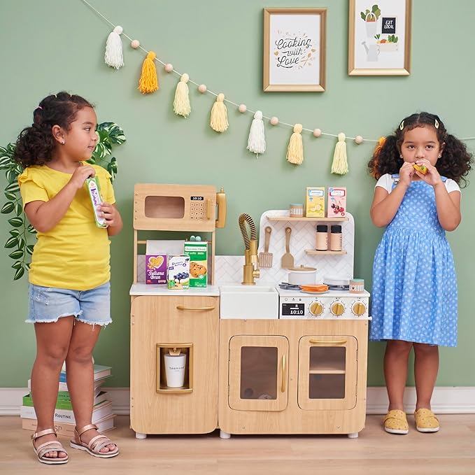 Teamson Kids Little Chef Cyprus Wooden Play Kitchen Set – Pretend Toy Kitchen for Toddlers & Kids Ages 3+ with Ice Maker, Storage & Accessories – Play Kitchen for Kids, Light Oak & White Faux Marble