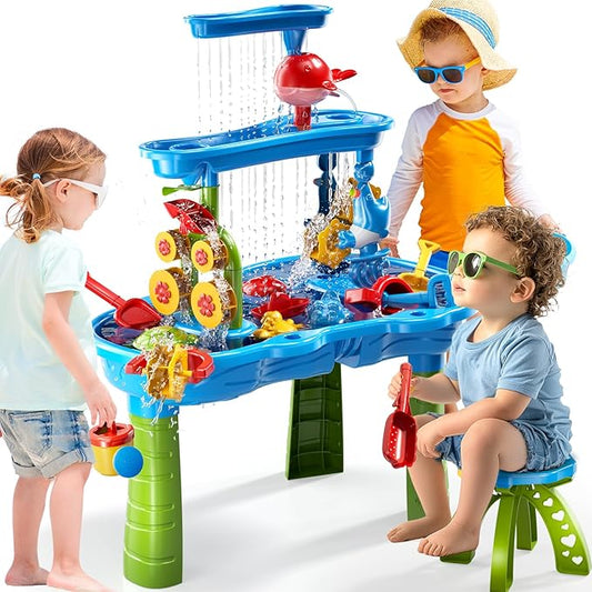 3-Tier Kids Water Table for Toddlers Kids Ages 3-5 4-8, Summer Outdoor Water Table Beach Kids Toys, Toddler Sensory Activity Sand Box Play Set with Rain Showers Splash Pond for Boys Girls