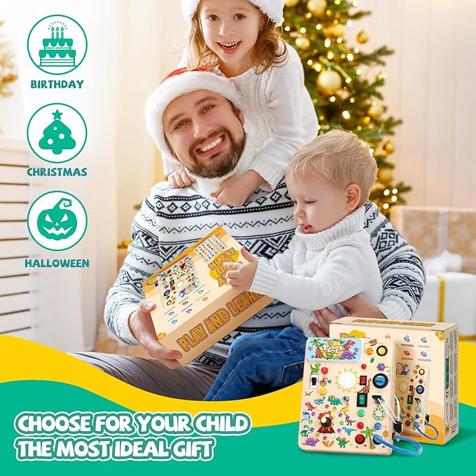 Dinosaur Busy Board, Wooden Toddler Toy, Sensory Travel Toy, Ideal Gift for 1-3 Years Old Boys (Dinosaur Busy Board Plus V2), Blue