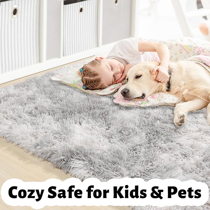 Amdrebio Tie-Dyed Light Grey Area Rug for Bedroom, Soft Shag Furry Rug 5x7 for Living Room, Fluffy Fuzzy Rugs for Kids Room Decor, Modern Shaggy Carpet for Classroom Office, Plush Indoor Rug