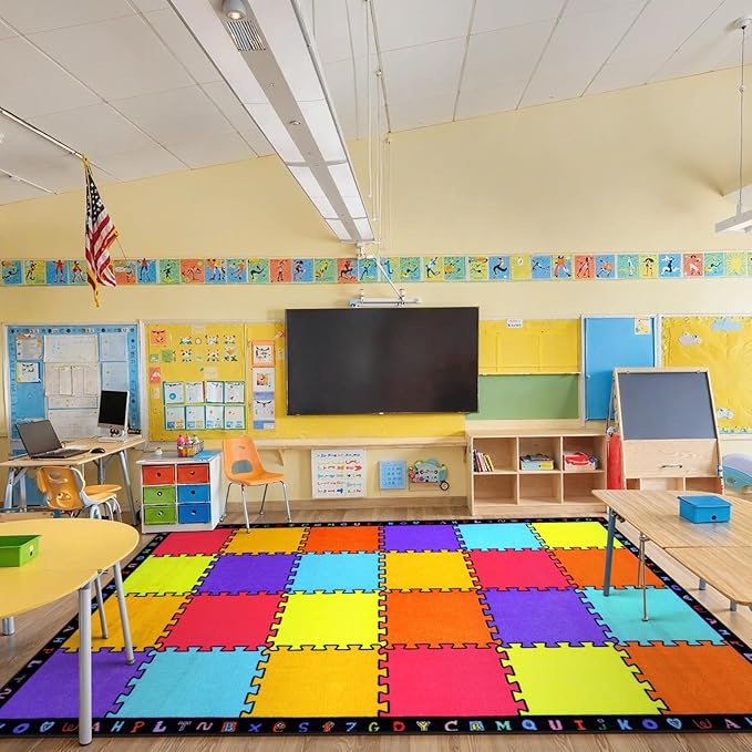 LIVEBOX Classroom Rugs Elementary for Kids, Washable School Learning Area Rugs, Colorful Preschool Children's Classroom Carpet Non-Slip Playroom Rug for Home Learning, 13'x7'5"(Seats-24)