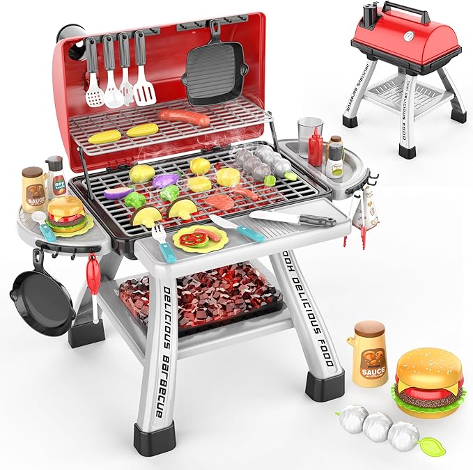2-Layer BBQ Grill with Big Playset Gifts|Kids Outdoor Toys for Toddlers 3-5 6| Pretend Outdoor Toddler Boy Toys for 3 4 Year Old Boys| Kids Kitchen Playset Equipment Gift