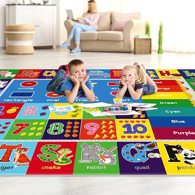 Kids Play Rug for Playroom, ABC Educational Area Rug, Toddler Baby Play Mat, Alphabet Animal Soft Non-Slip Kids Rug Carpet for Boy Girl Bedroom (110X78.7 INCH Blue)