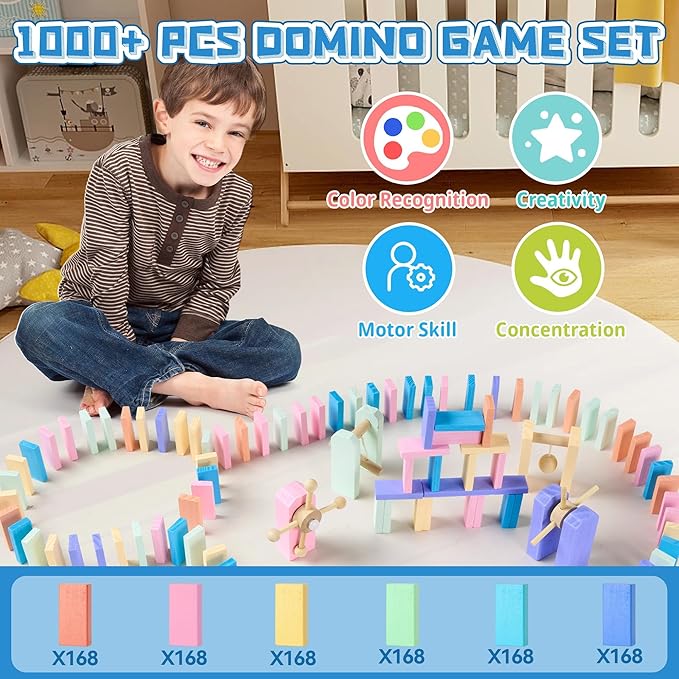 VigorFun 1000+ PCS Dominoes Set for Kids - Wooden Dominos with Extra Blocks and Storage Bag, Building Stacking Game Toys for 3+ Year Old Boys Birthday Gifts